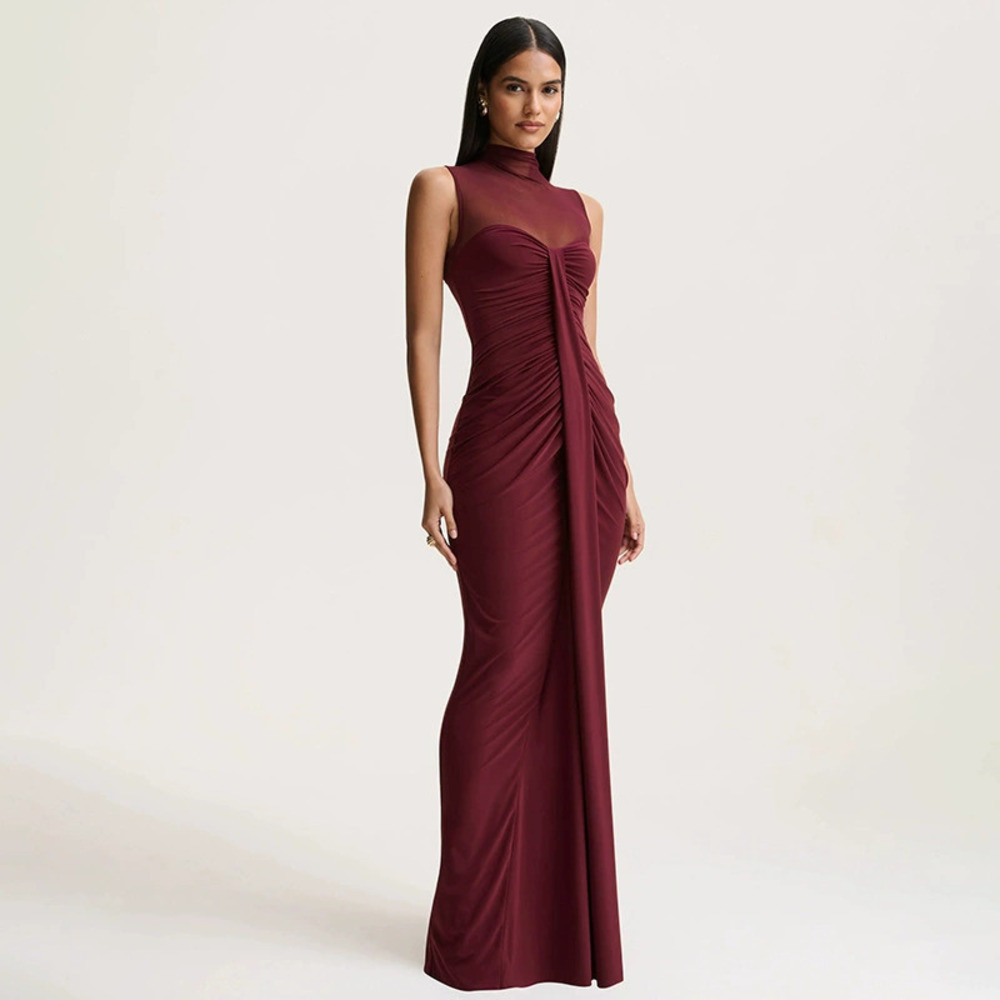 Zara High Neck Sleeveless Slim Maxi Dress Mesh Patchwork Smocked Spring Summer - Picture 2 of 6